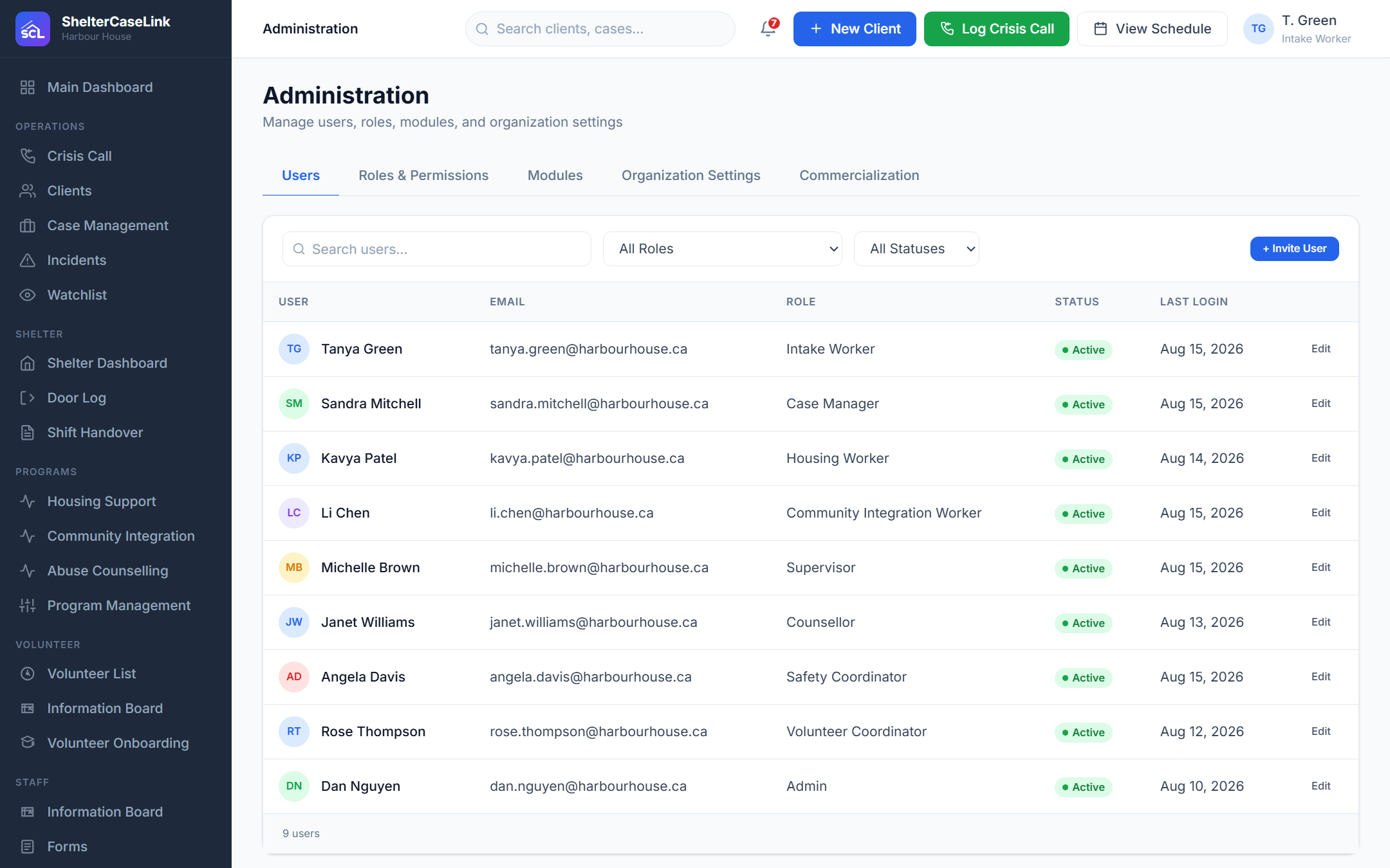 Administration settings with roles and permissions