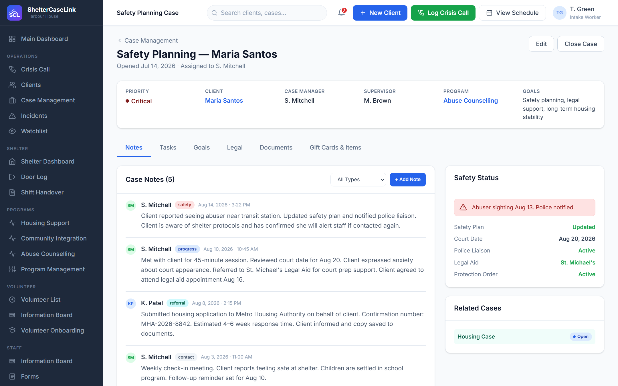 Case detail with notes, goals and follow-ups