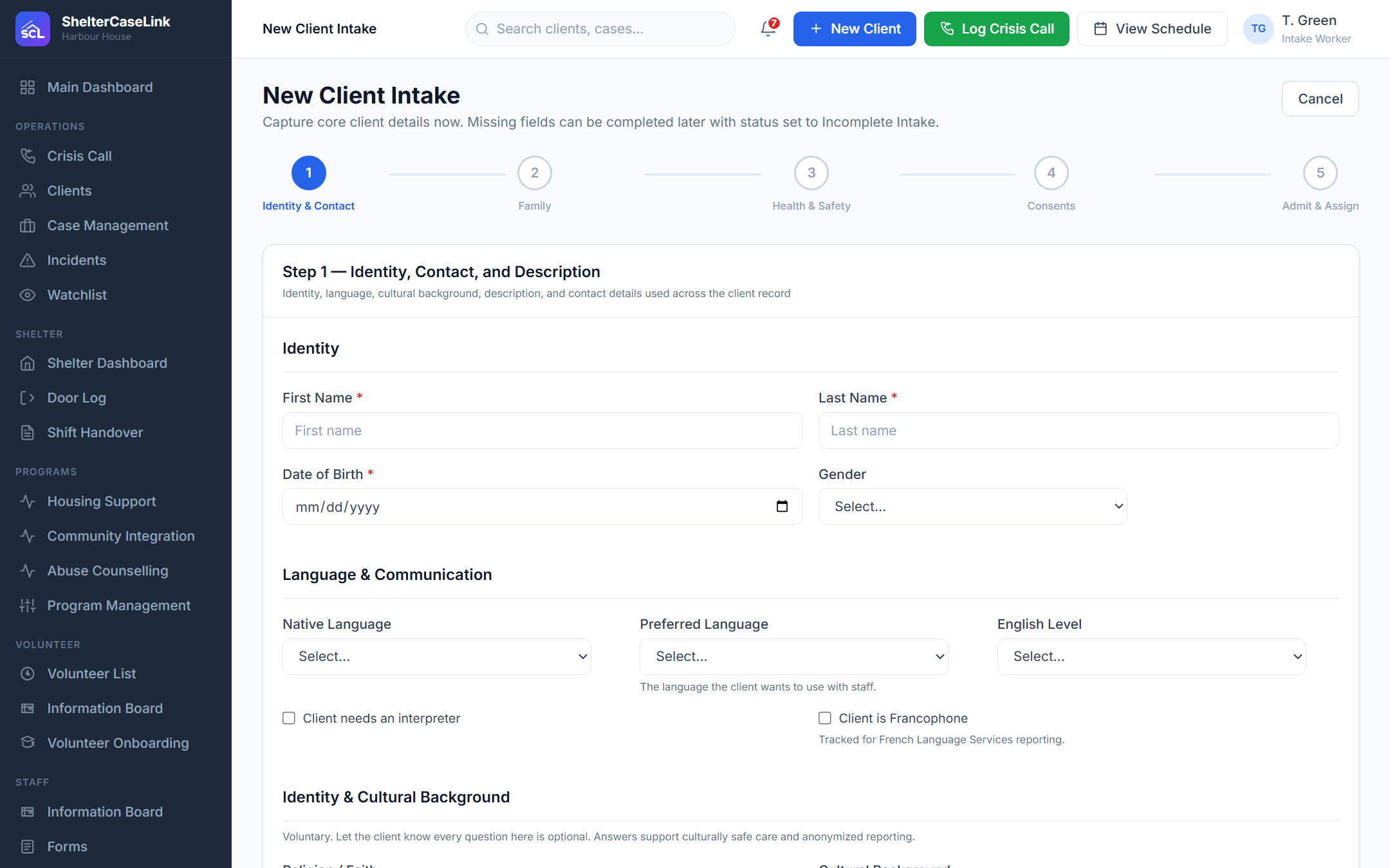 Guided five-step intake form in ShelterCaseLink