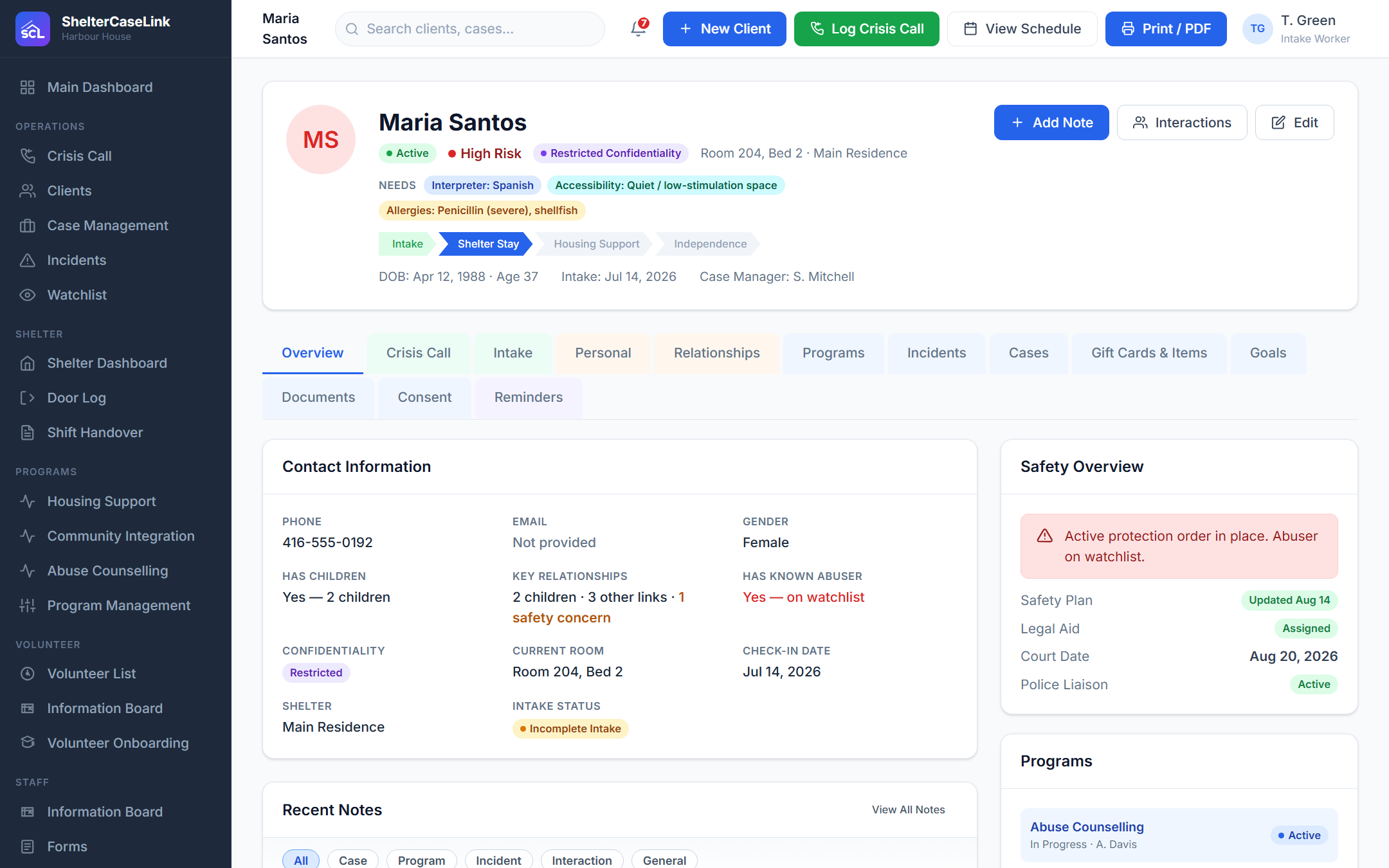 Client profile with status, needs, safety overview and notes